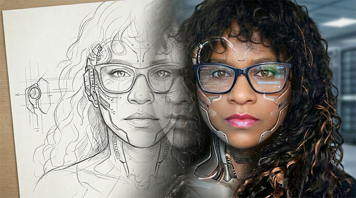 Photorealistic cyborg portrait direction explorations from Firefly