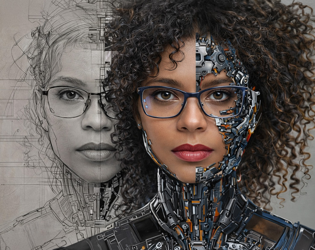AI-generated result: pencil sketch to cybernetic realism across a single portrait
