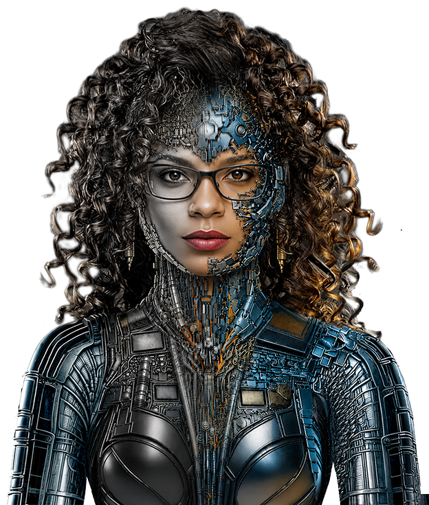 Giselle White cyborg portrait: the original vision of one face in transformation, from pencil sketch through to augmented reality, completed in Photoshop