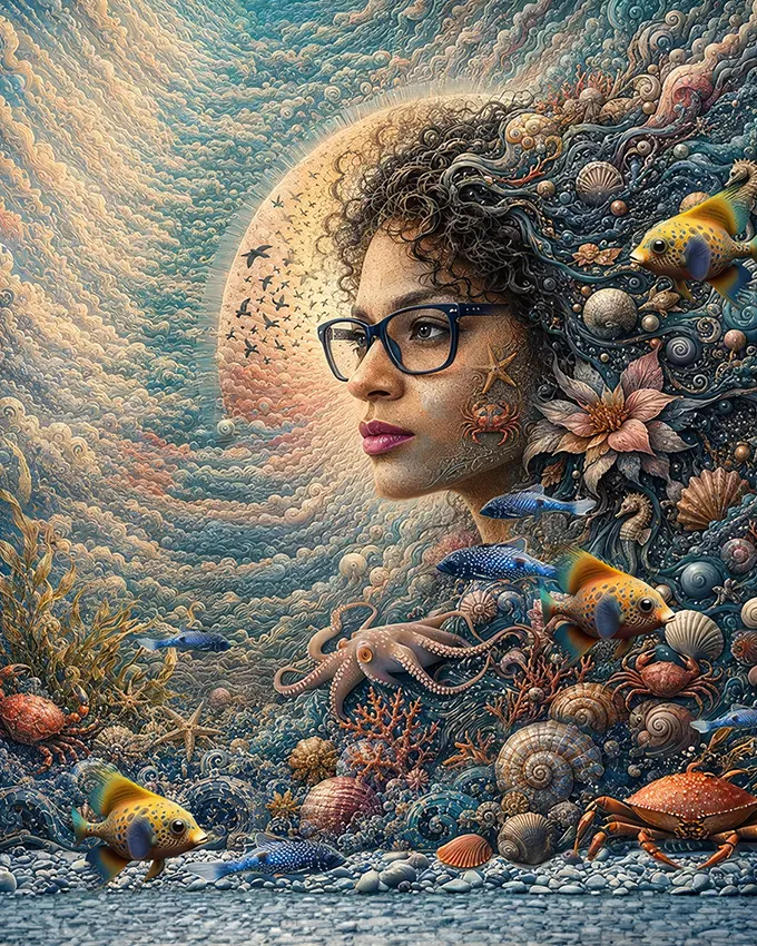 Illustrative portrait integrating face, hair, shells, and ocean imagery