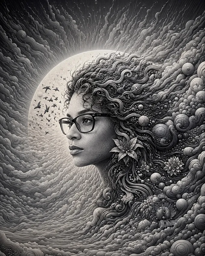 Illustrative portrait integrating face, hair, shells, and ocean imagery