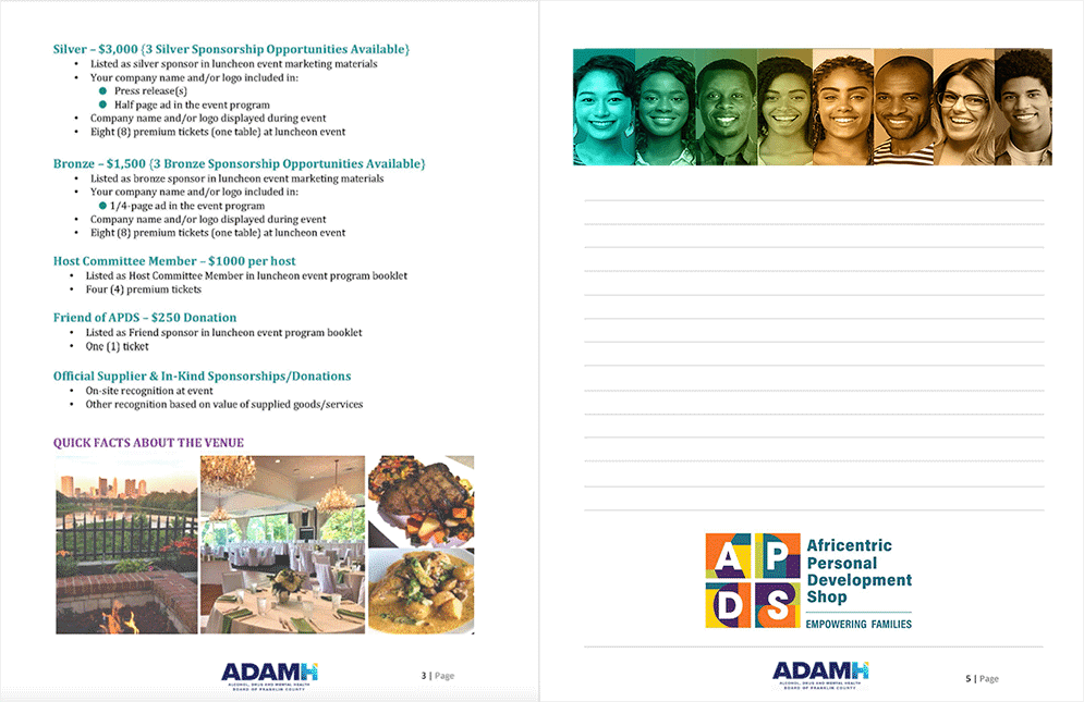 APDS sponsorship package pages showing additional donation levels, recognition benefits, venue information, and a notes page.