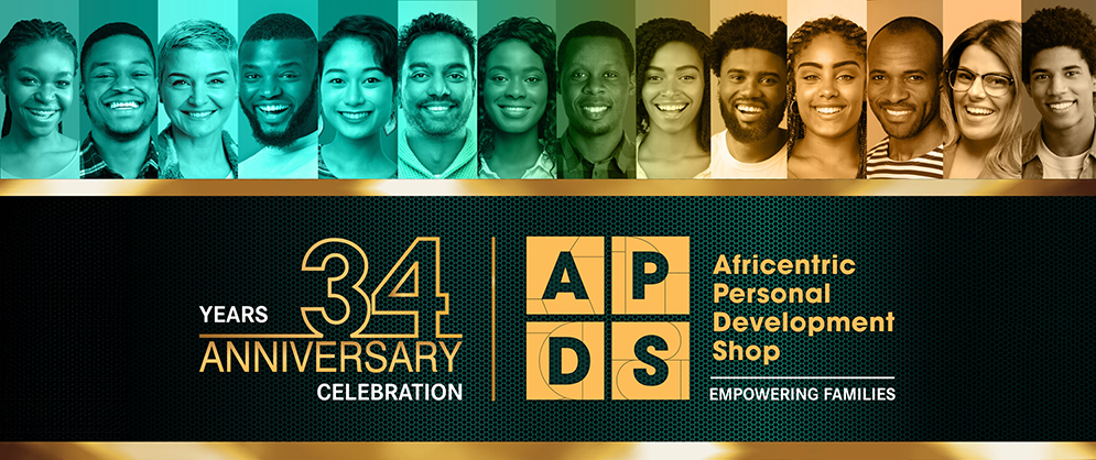 APDS 34th anniversary banner featuring community portraits above the anniversary identity.