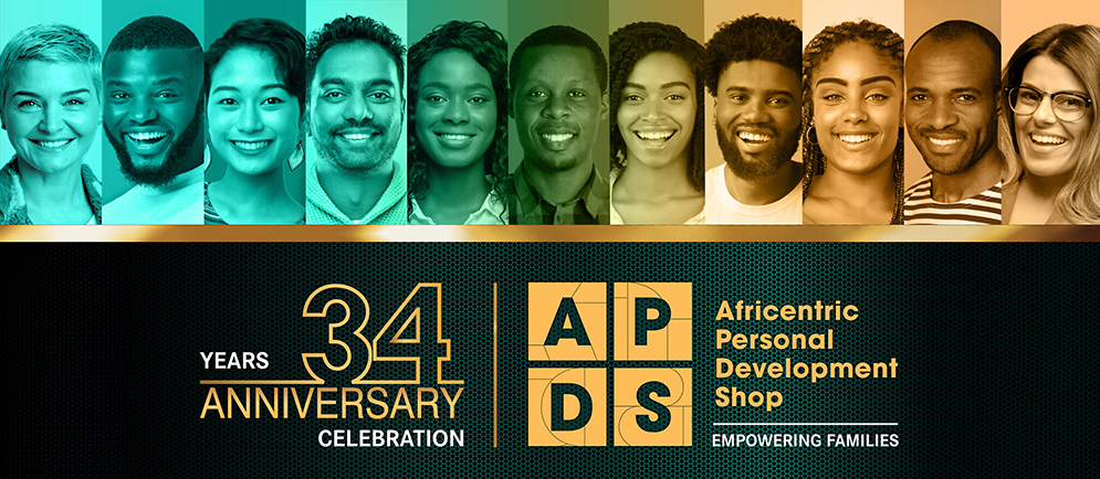 APDS 34th anniversary banner with community portraits and the anniversary identity.