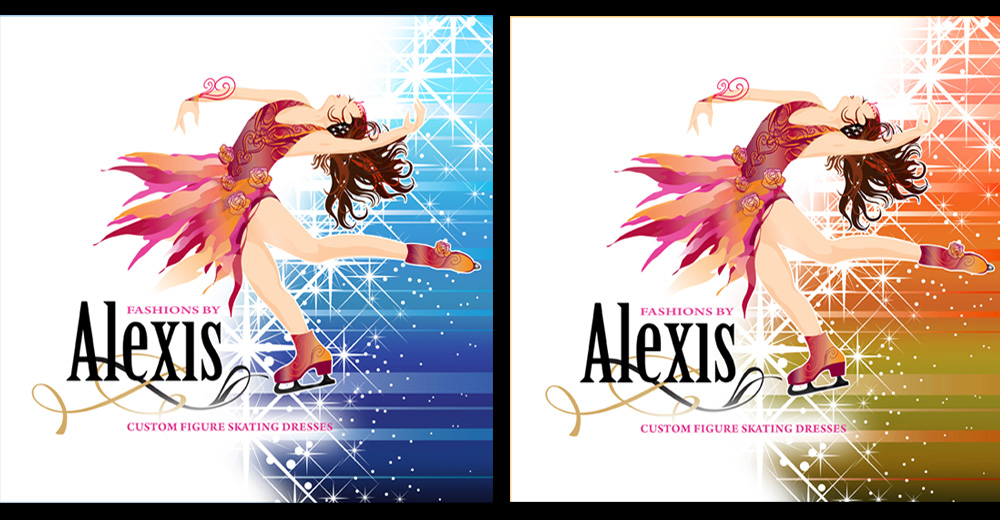 Alexis figure skating dress packaging and box-top label designs