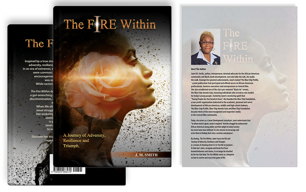 The Fire Within selected front and back cover mockups, alongside the author biography page.