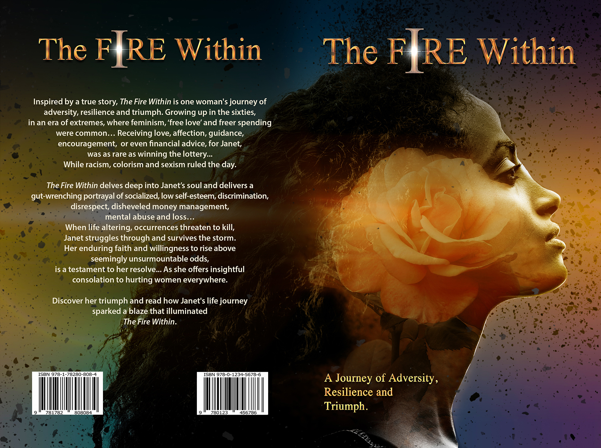 The Fire Within alternative cover concept, showing the front and back covers with a multicolored background.