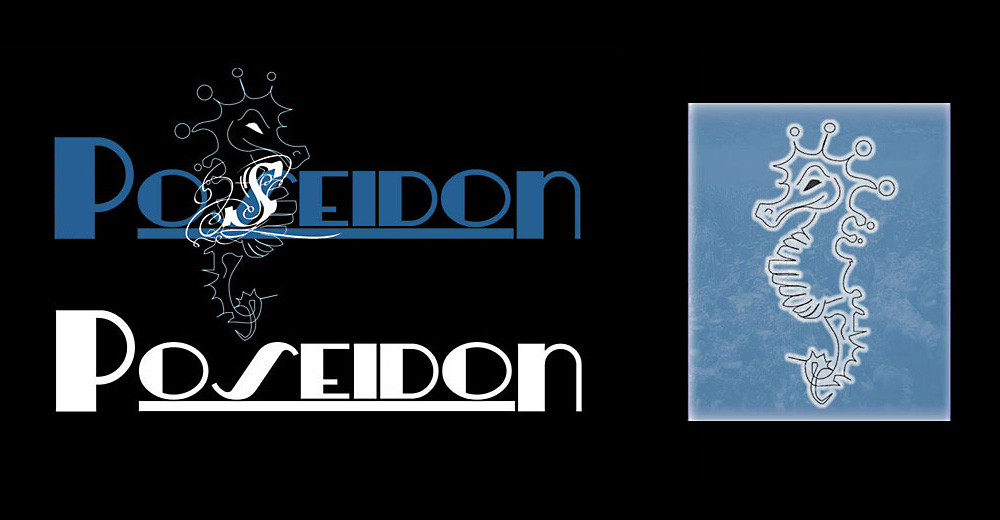 Poseidon Hotel logo variations and seahorse environmental tile concept