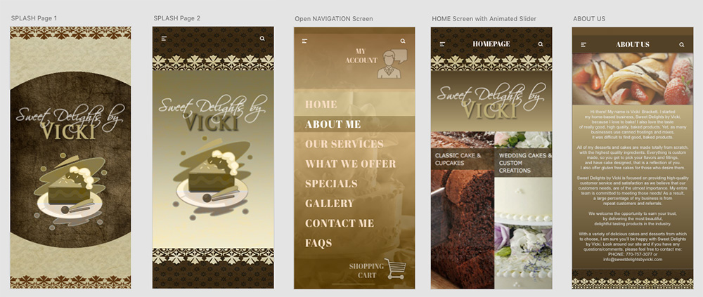 Sweet Delights by Vicki mobile app UI/UX layouts