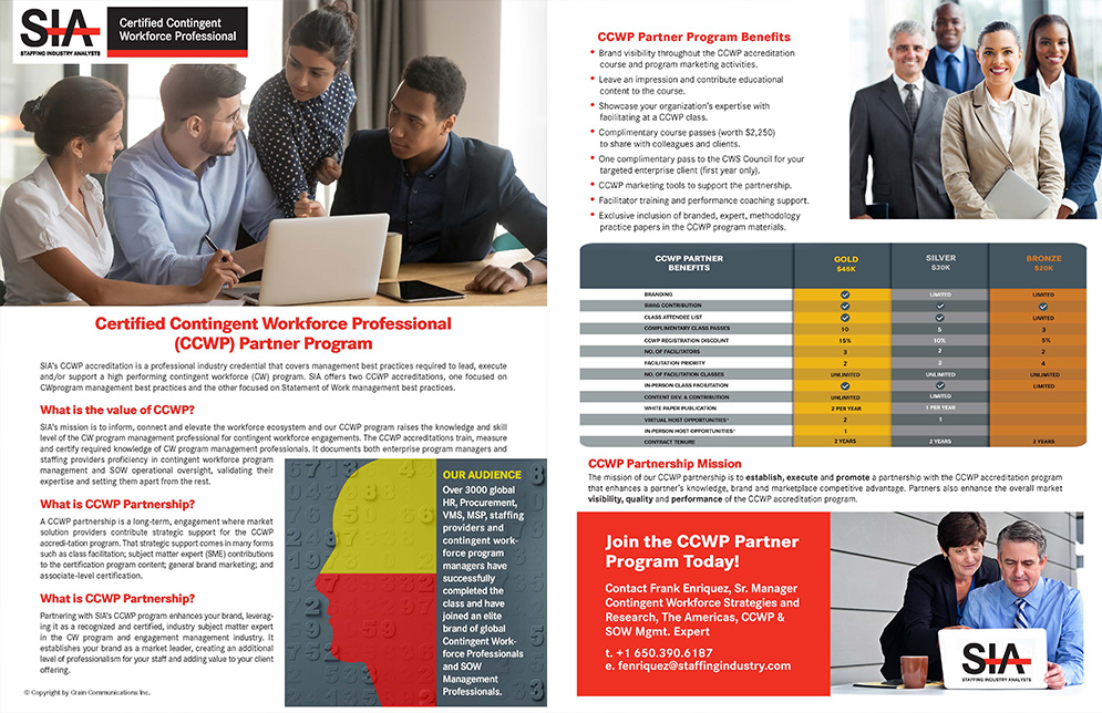 Interior of the finished printed SIA CCWP brochure, mainly white with a chart, infographic, and people in business attire