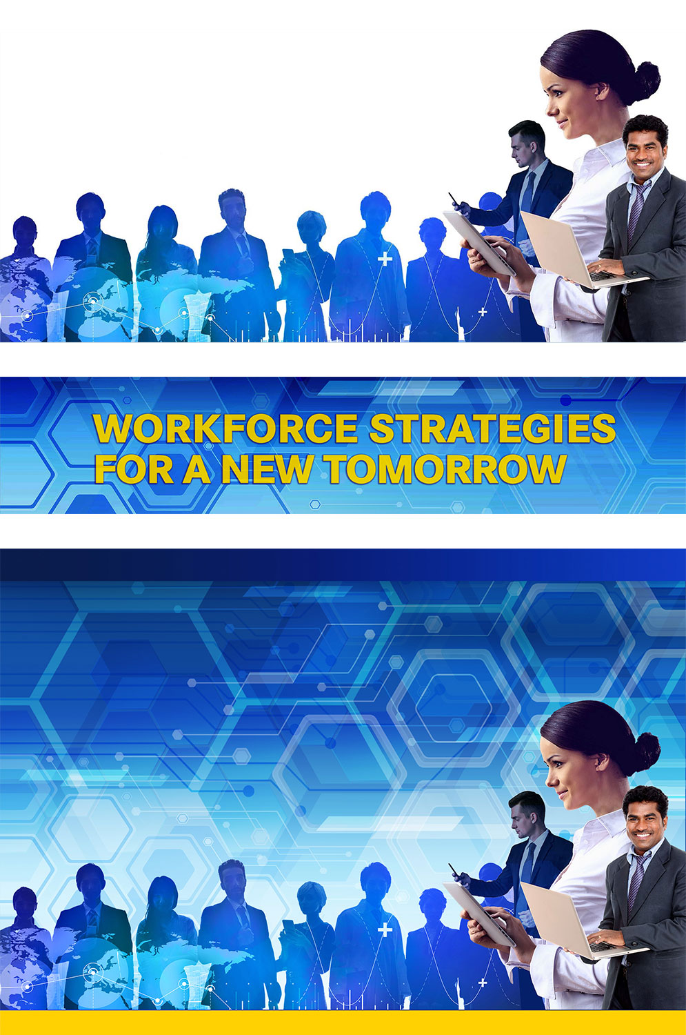 CWS Summit North America brand artwork elements, including workforce imagery and blue geometric backgrounds.