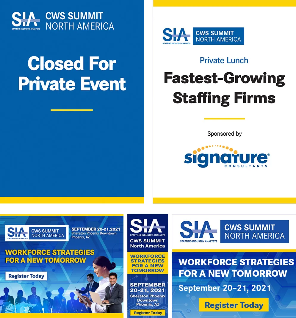 CWS Summit North America private event and lunch signage, with promotional web badges.