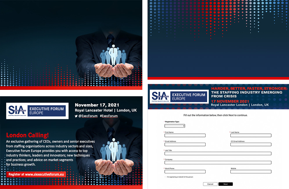 Executive Forum Europe presentation backgrounds, London Calling promotional graphic, and registration form.