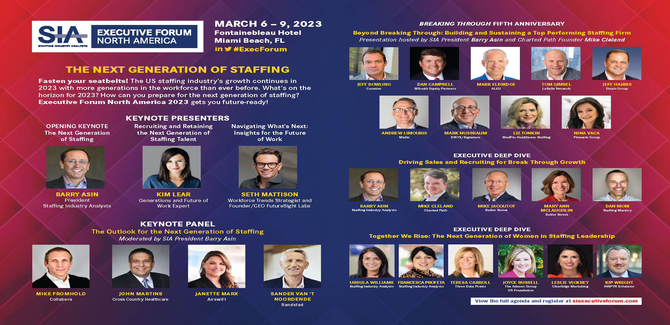 Print Advertising. The speaker lineup becomes the focus of this magazine advertisement, with portraits grouped by session. Consistent headings and spacing organize a substantial amount of information within the event’s red-and-blue palette.