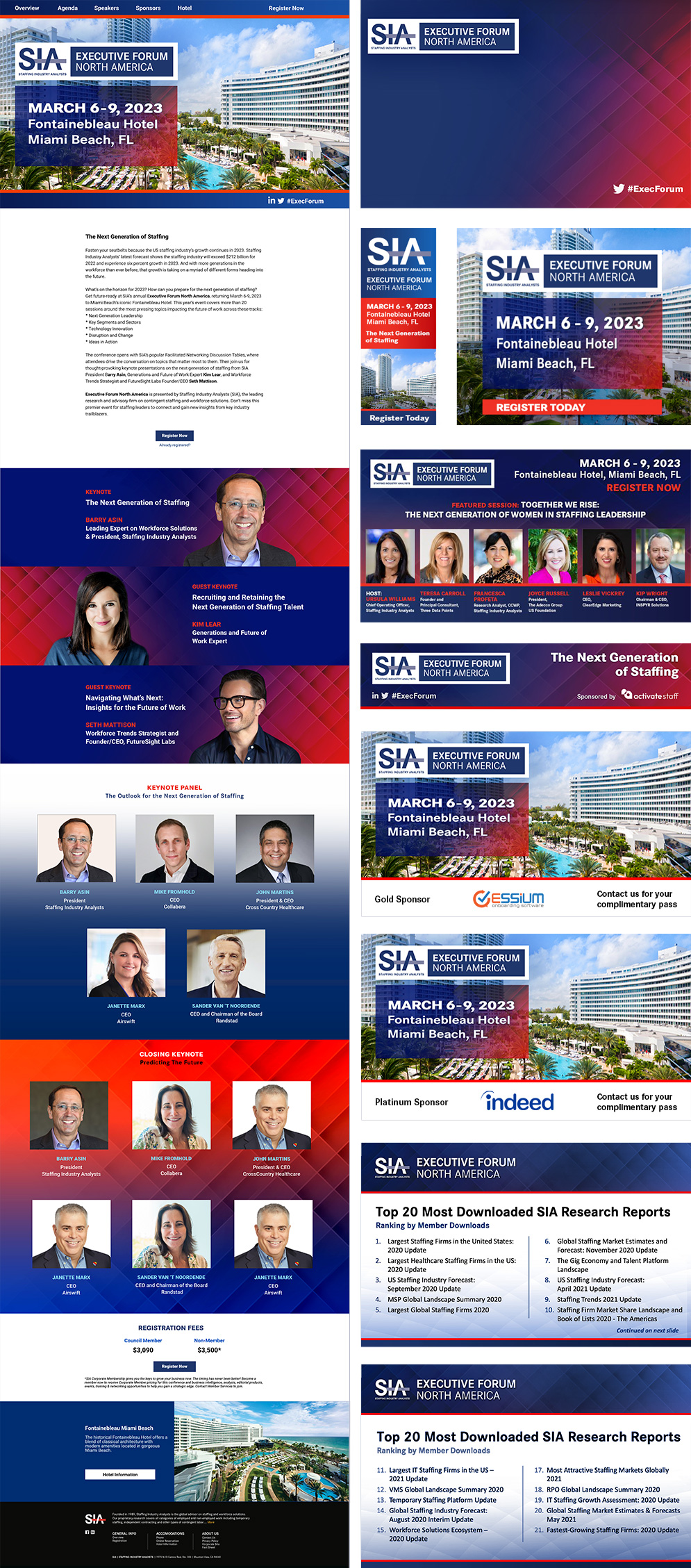 Integrated Print & Digital Campaign. Advertisements, invitations, web headers, and speaker graphics show the identity working across a varied collection. Layouts change with the content, while the palette and conference mark maintain a recognizable thread.