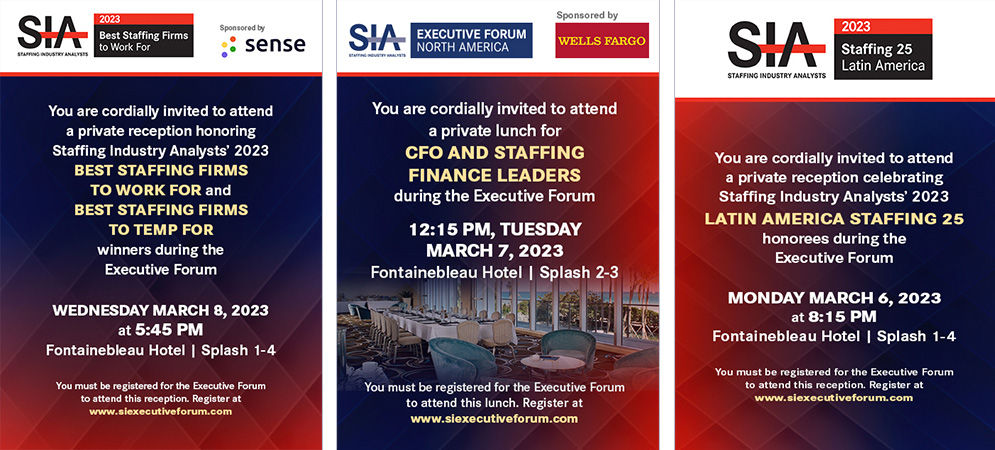 Recognition & Celebration Invitations. Individual invitations distinguish recognition celebrations and private gatherings through clear event titles, dates, and locations. The shared layout connects these occasions to the larger Executive Forum experience.