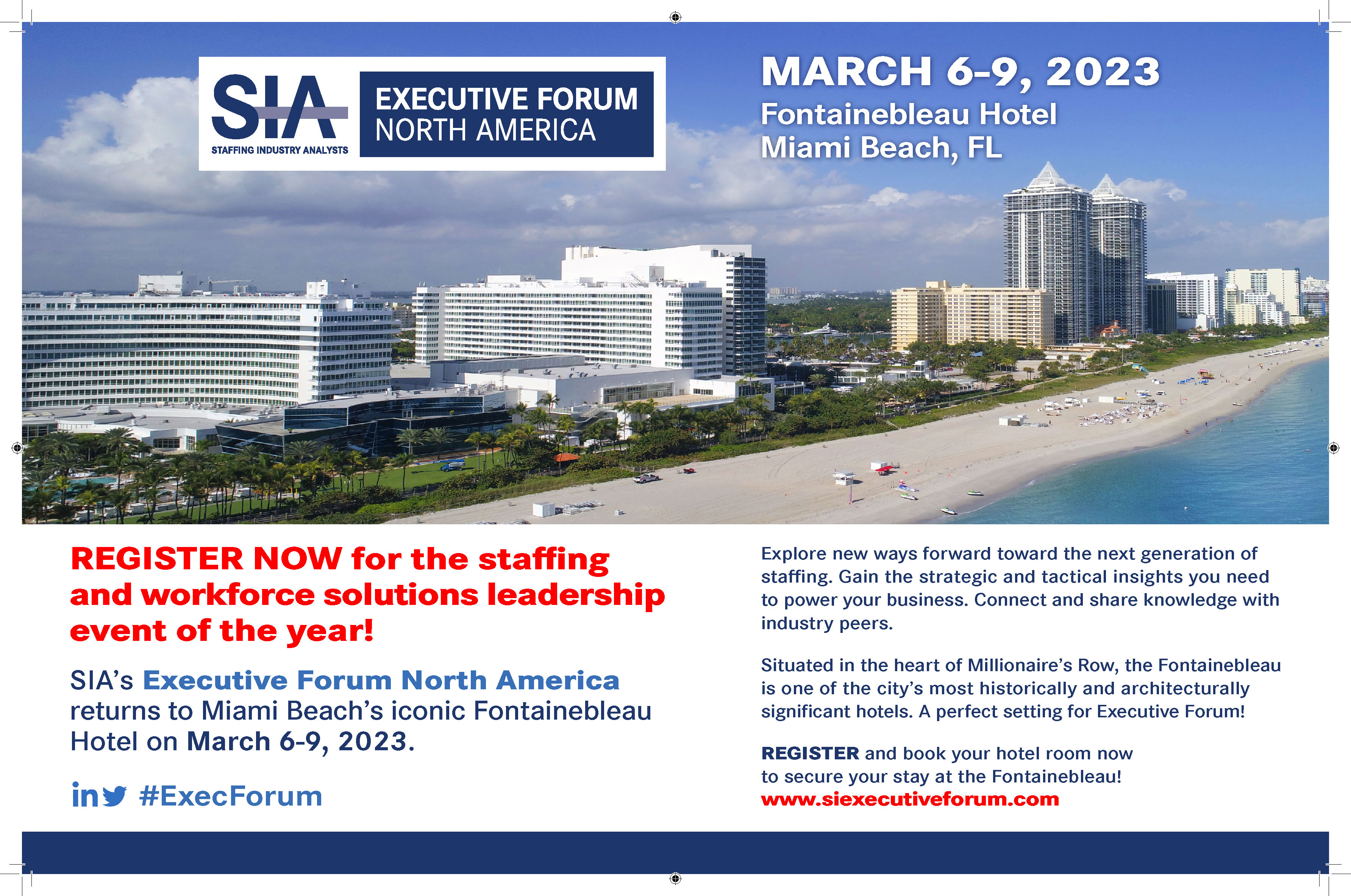 Conference Print Ad. Venue photography draws readers into the Miami Beach setting, followed by a direct invitation to register. The editorial layout gives the event story room to unfold beneath the image.