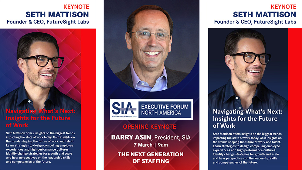Keynote Social Graphics. Vertical graphics give Seth Mattison and Barry Asin room for both portraiture and keynote information. White, blue, and red sections separate speaker details from the broader event identity.
