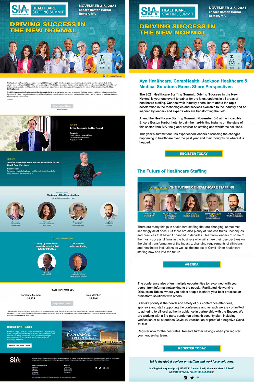 Conference Website. Website design connects registration, program information, and promotional messaging within the same visual system.