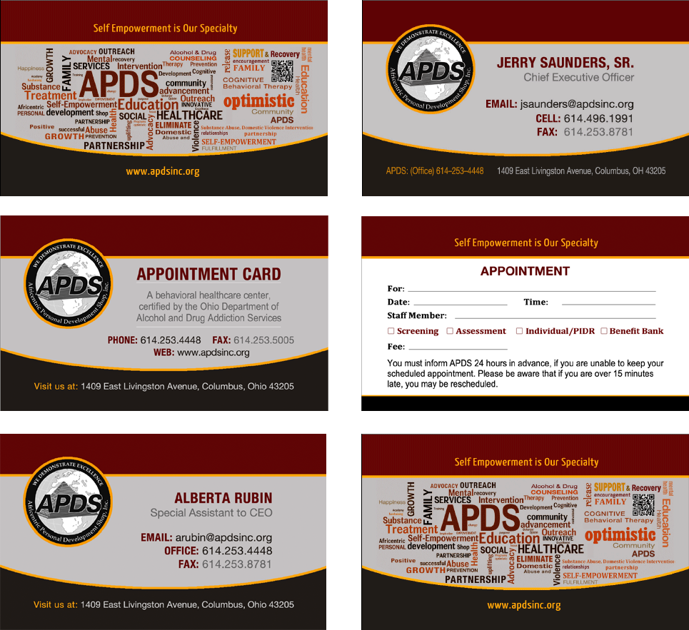 APDS business cards and appointment card from the original wine-colored brand campaign