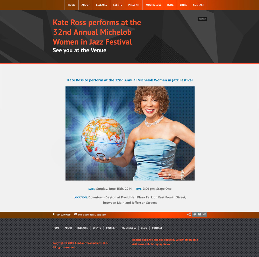 Kate Ross music events webpage design.
